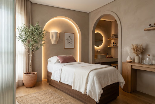 Cabina de bienestar y relajación en Estética Integral Paraná con iluminación suave y arquitectura cálida