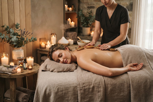 Terapia corporal con piedras calientes aromáticas sobre camilla vestida de lino natural